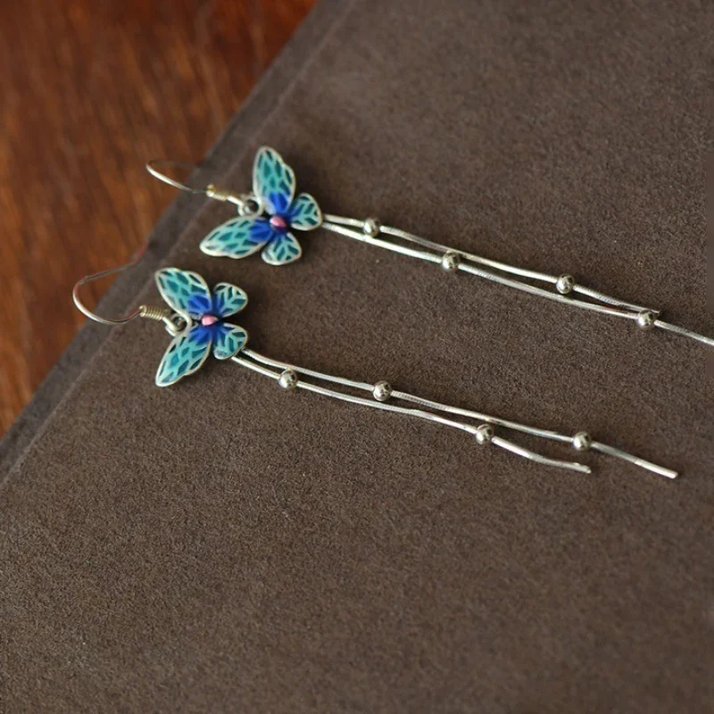 

Vintage 925 Silver Enamel Blue-green Tassel Butterfly Earrings for Women Fashion Ancient Charm Pastoral Style Banquet Jewelry