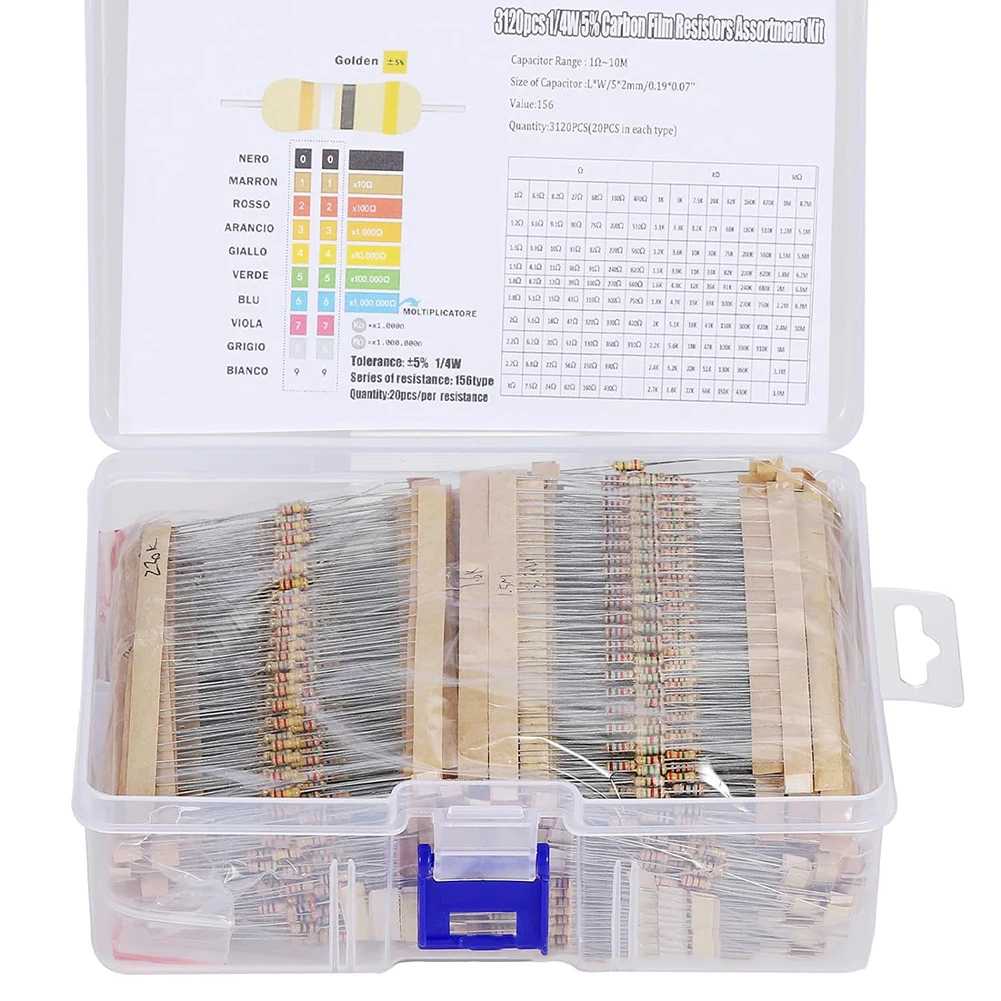 3120pcs/box Resistor Kit 14W 5% 156Values 20pcs Electric Unit Power Metal Carbon Film Resistor Resistance Assortment Samples Set
3120pcs/box Resistor Kit 14W 5% 156Values 20pcs Electric Unit Power Metal Carbon Film Resistor Resistance Assortment Samples Set