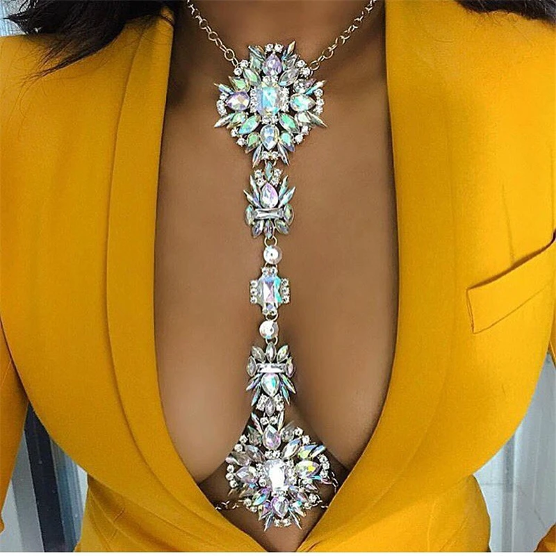 

Fashion Women Necklace Bodychain Jewelry Luxury Crystal Rhinestone Flower Belly Body Gold Chain Summer Beach Jewelry Accessories