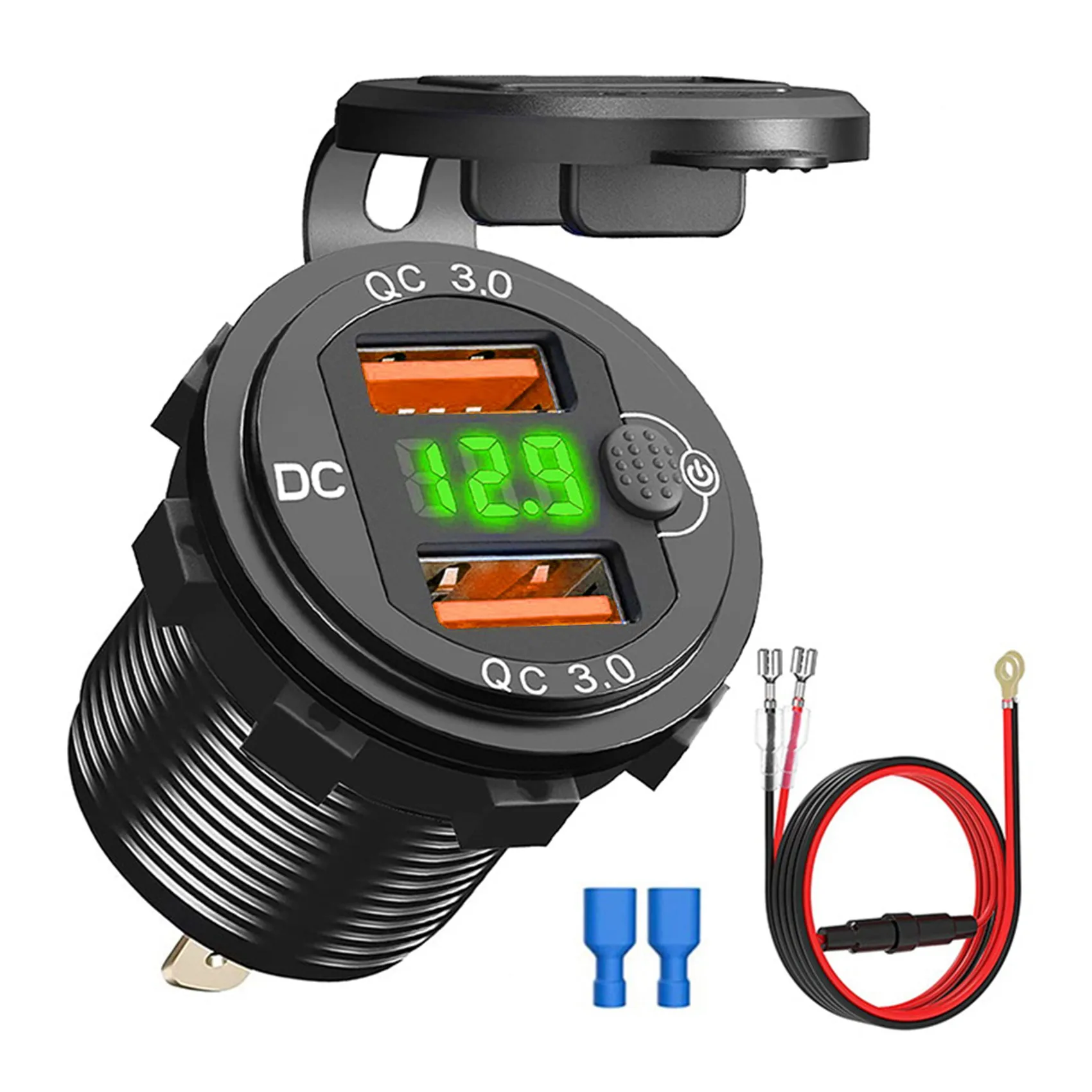 

QC3.0 Car Dual USB Port Charger Socket 12V/24V 36W Quick Charge with Voltmeter Switch for Marine Motorcycle Boat