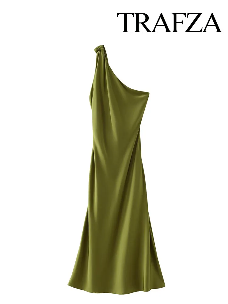 

TRAFZA Women Elegant Asymmetrical Sleeveless Solid Party Evening Dress Female Chic Vintage Backless Folds Side Zipper Long Dress