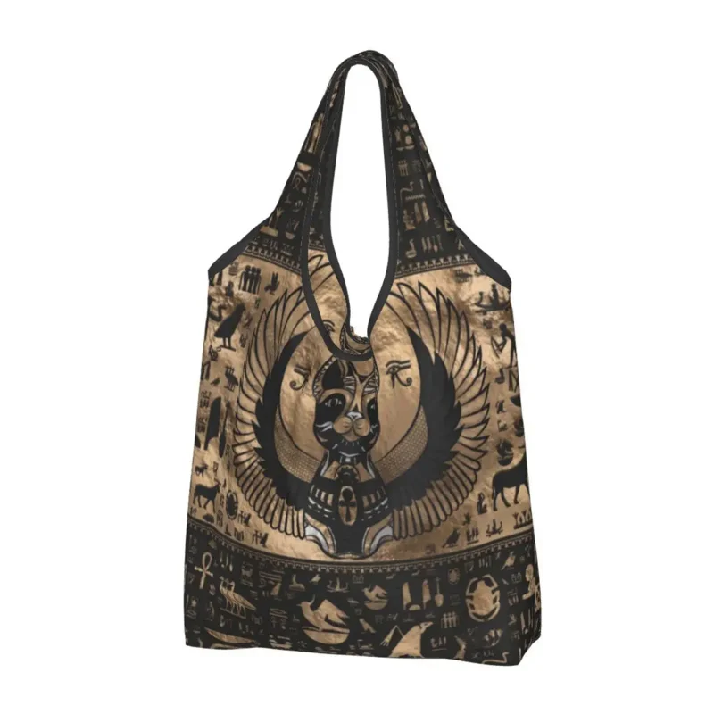 

Egyptian Cat Goddess Bastet Groceries Shopping Tote Bags Women Funny Ancient Egypt Symbol Shoulder Shopper Bag Large Handbag