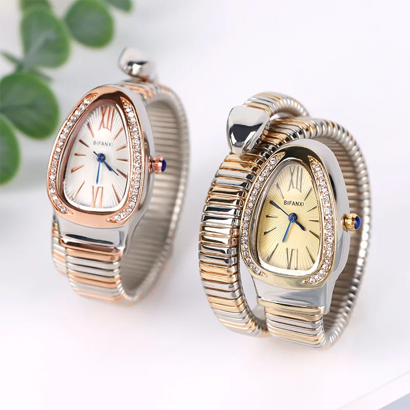 

2024 Dropshipping Shining Diamond Fashion Quartz Watch for Women Snake Design two Loop Bracelet Watches Gold Reloje Para Mujer