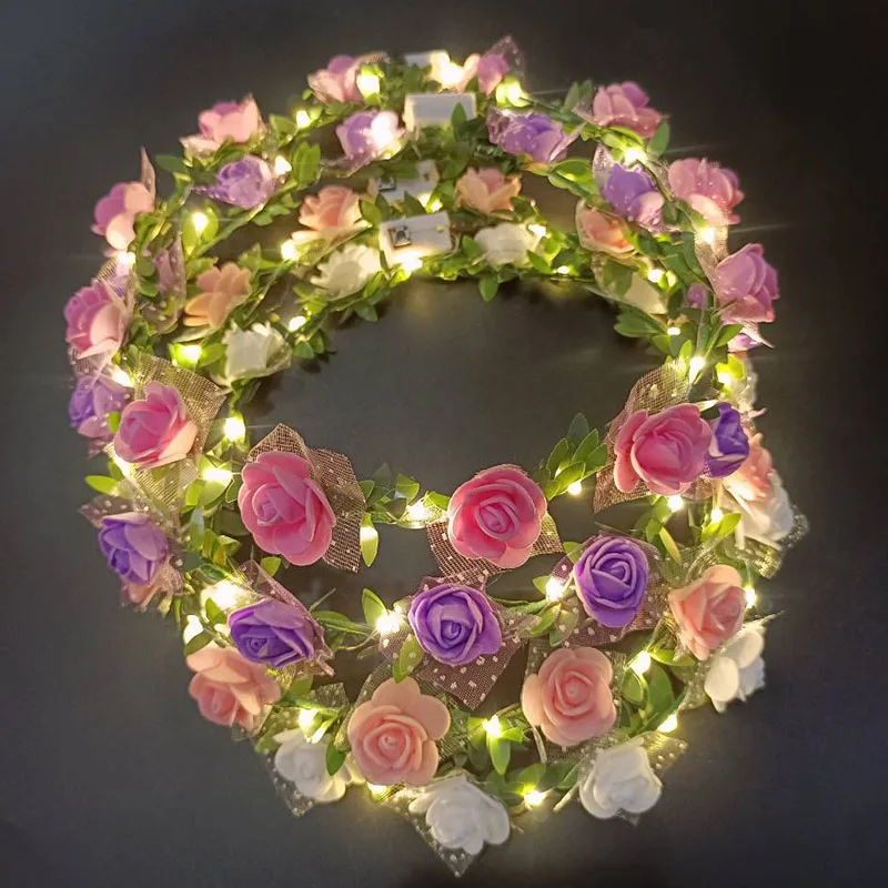 

Romantic Glowing Wreath Party Decor Light Up Rose Flowers Crown Wedding Hairband Luminous Birthday Headdress Hair Accessories