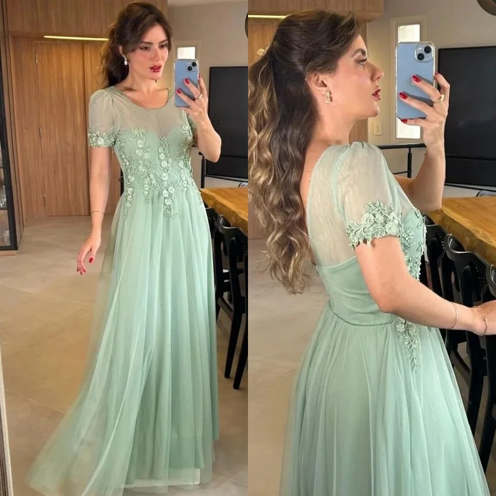 

Prom Dress Evening Saudi Arabia Tulle Draped Applique Pleat Christmas A-line O-Neck Bespoke Occasion Gown Long Dresses