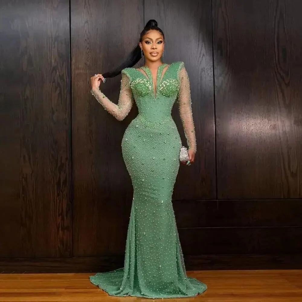 

Shiny Sequined Mermaid Evening Dresses With Illusion Long Sleeves V neck Aso Ebi Prom Gowns Lace Up Back Women Party Dress