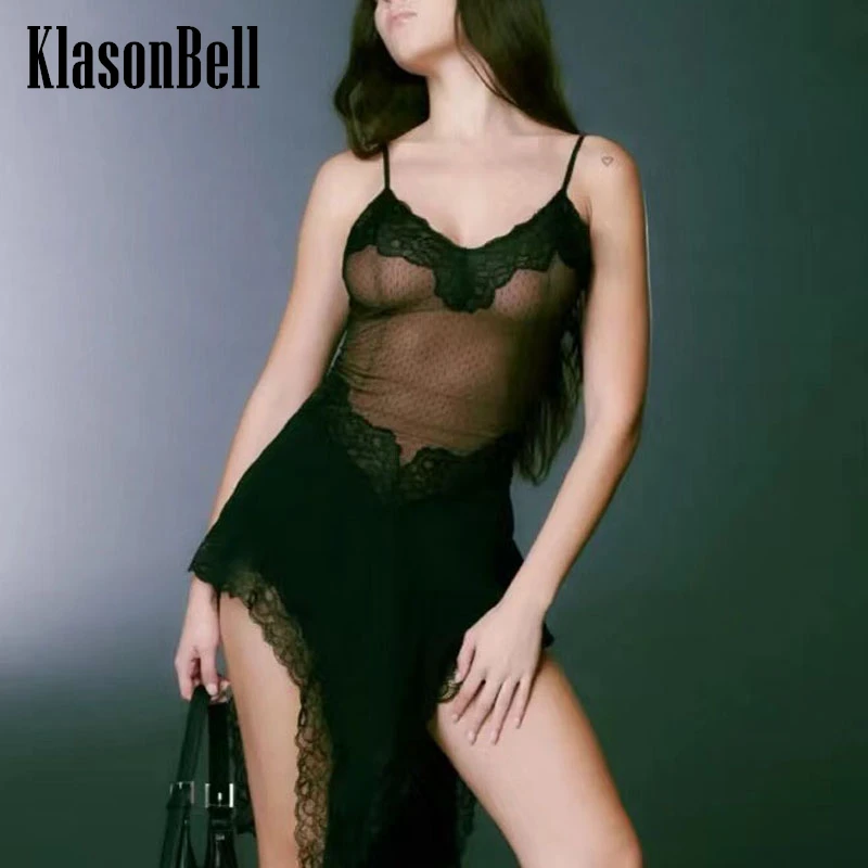 

5.6 KlasonBell Fashion Lace Strapless Spliced Spaghetti Strap Dress Women Sexy Club Mesh Collect Waist Asymmetrical Party Skirt