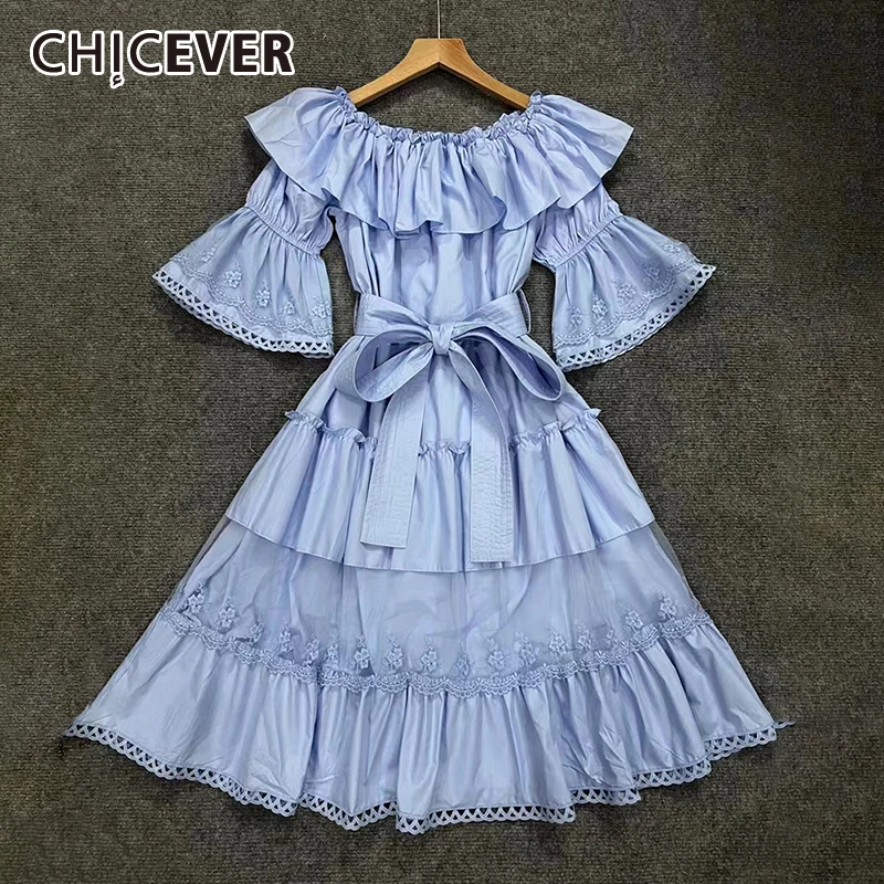 

CHICEVER Embroidery Vintage Dresses For Women Slash Neck Flare Sleeve High Waist Spliced Lace Up Solid Folds Lace Dress Female