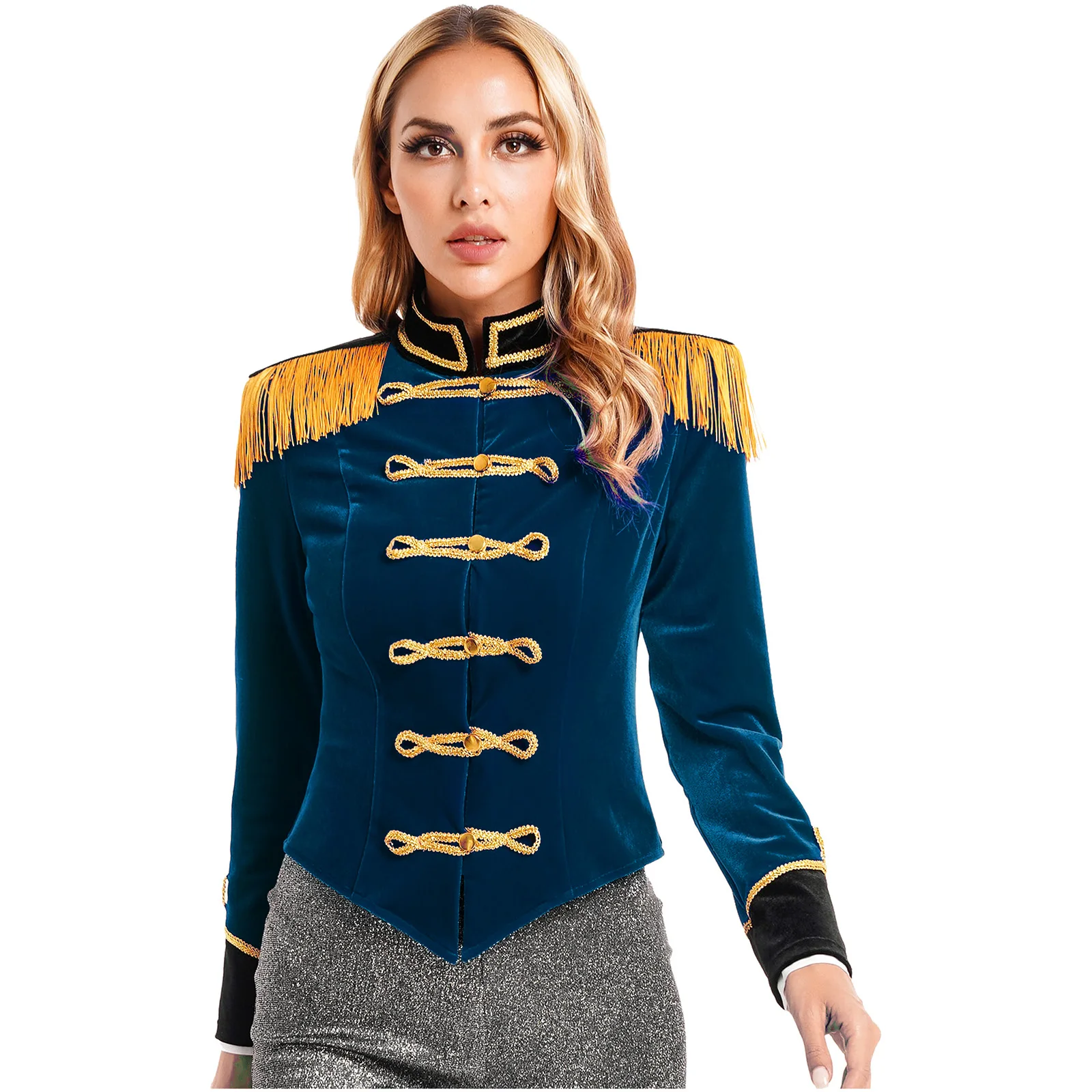 

Women Circus Magician Jacket Coat Ringmaster Cosplay Costume Long Sleeve Fringed Shoulder Board Velvet Jacket Halloween Dress Up