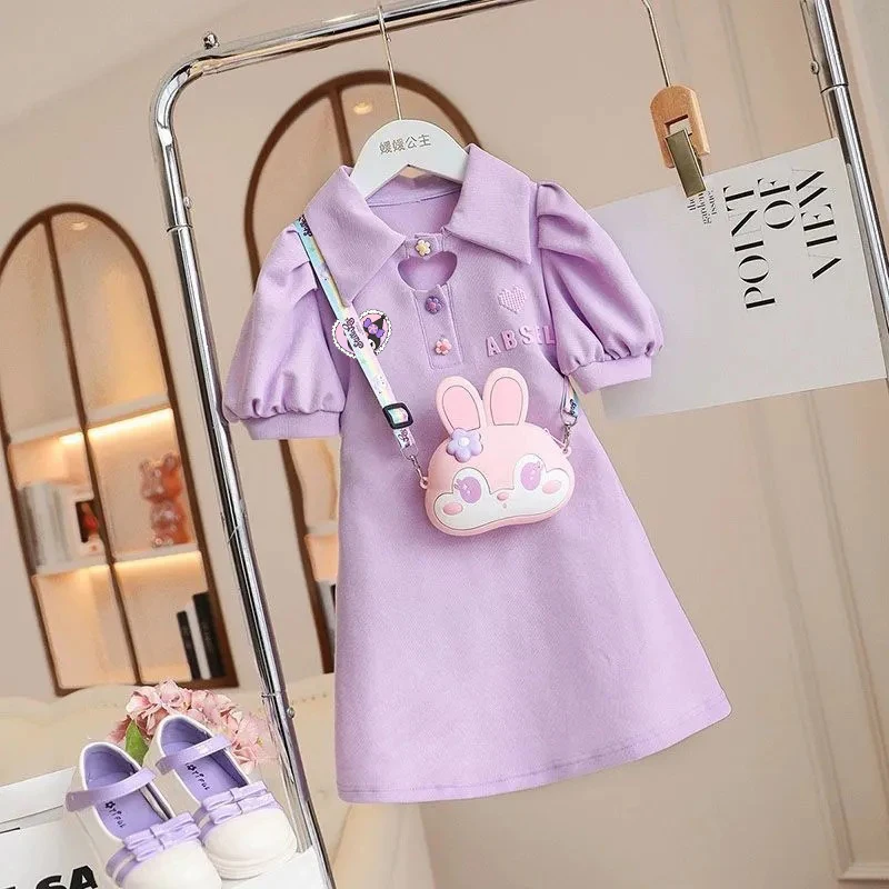 

New Sanrio Kuromi My Melody Children's Dresses Cartoon Printing Fashion Polo Collar Bubble Sleeve Kids A-Line Dresses Girls Gift