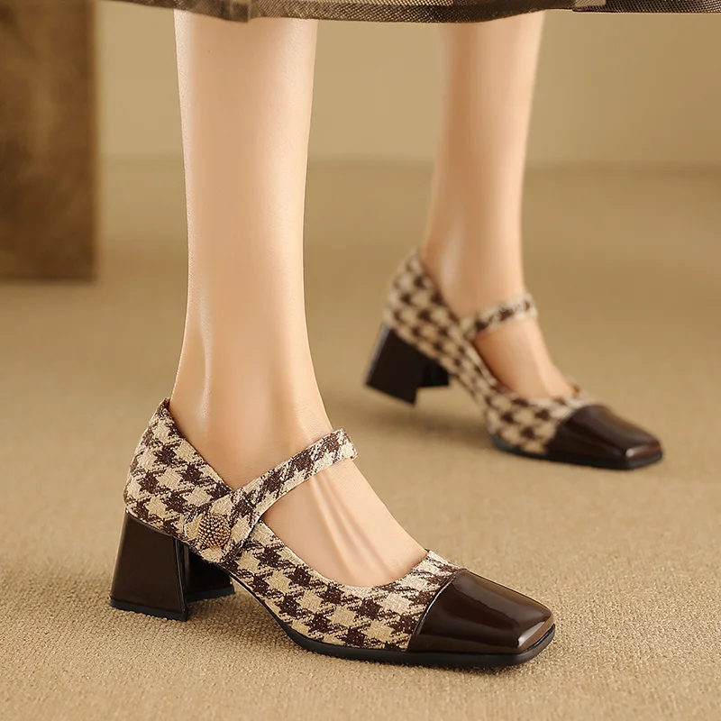 

2024 New Women Retro Houndstooth Mary Janes Pumps Patent Leather Buckle Strap Block Thick Heeled Shoes Ladies Dress Spring 33-48