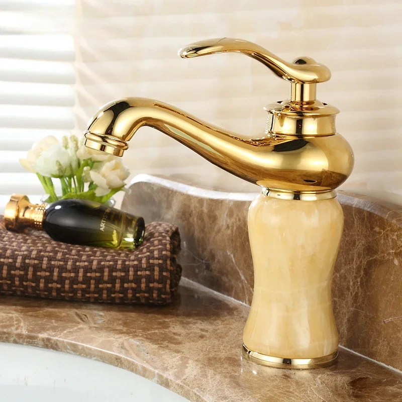 

European style faucet basin cold and hot blue jade marble basin faucet all copper gold washbasin faucet