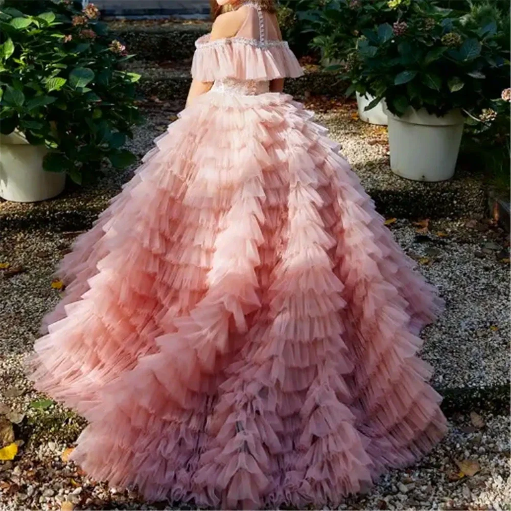 

Великолепное платье длиной до плеч с розовым ангелом и пушистыми многослойными цветами для девочек платье принцессы с шариками Красивое оформление фотосессия подарок на Первое причастие