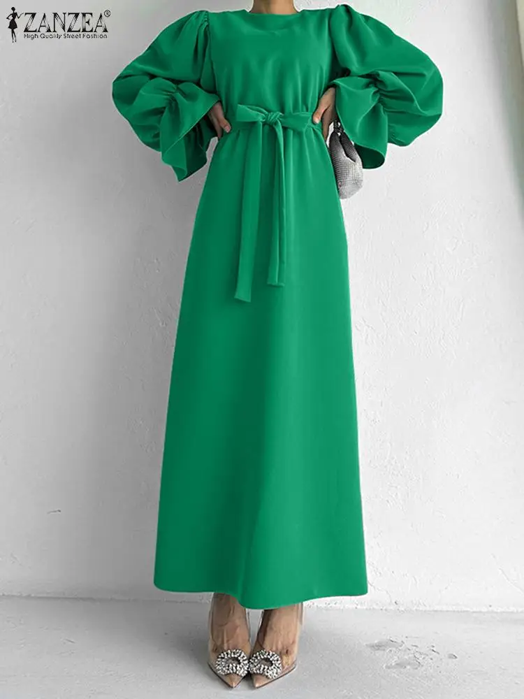 

2023 Autumn Maxi Long Dresses ZANZEA Fashion Long Sleeve Vestidos Women Vintage Belted Ruffled Cuff Dress Casual Round Neck Robe