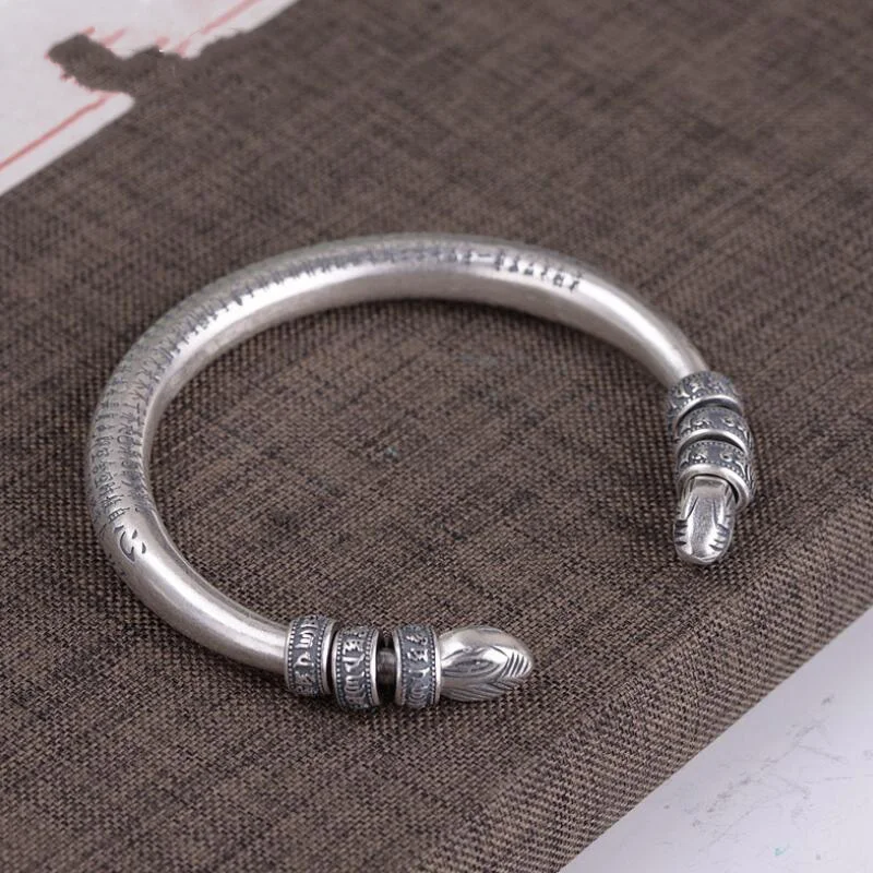 

999 Sterling Silver Tibetan Six Words Mantra Bangle for Men and Women Buddhist Heart Sutra Cuff Good Luck Jewelry Bracelet