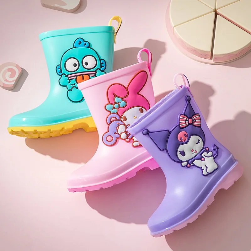 

Коллекция 2024 года, детские резиновые сапоги My Melody Sanrio Kawaii Anime Kuromi Hangyodon, дождевые сапоги для девочек, милая мультяшная нескользящая обувь, подарки