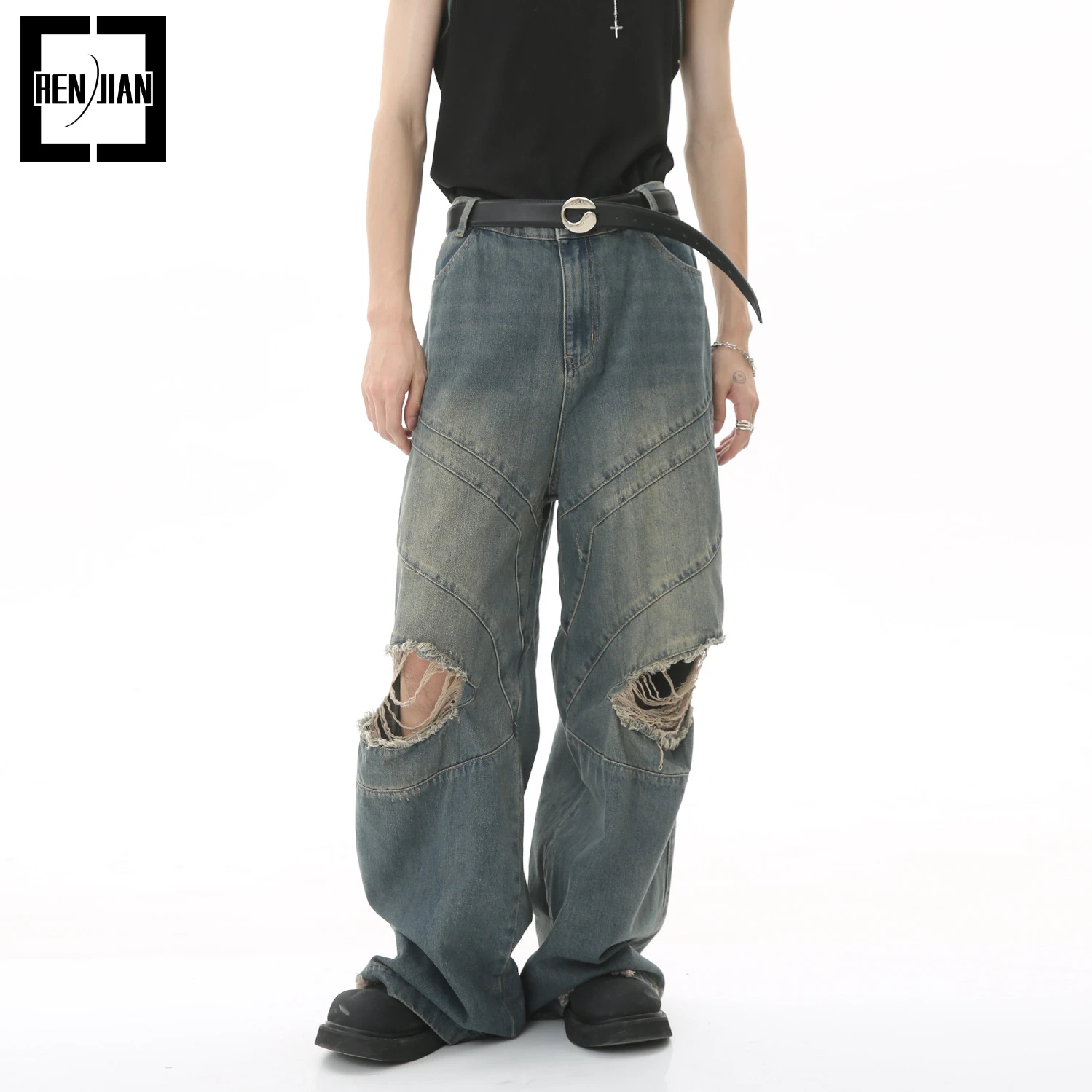 

High Street Ripped Oversize Hip Hop Jeans Pants Street Wear Destroyed Loose Fit Y2K Denim Trousers Distressed Vibe Style Bottoms