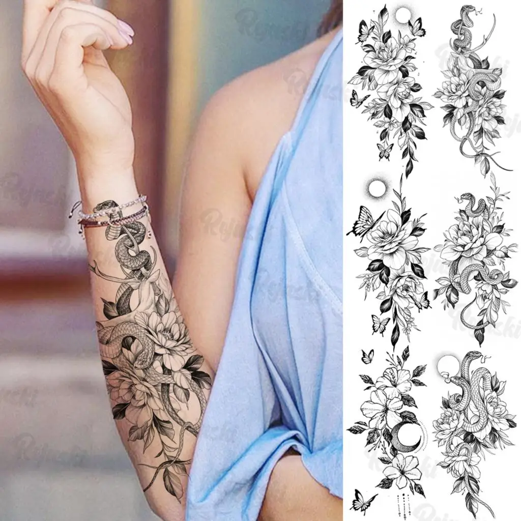 

Black Snake Lotus Temporary Tattoos For Women Girls Realistic Butterfly Flower Flora Fake Pendant Tattoo Sticker Arm Leg Tatoos