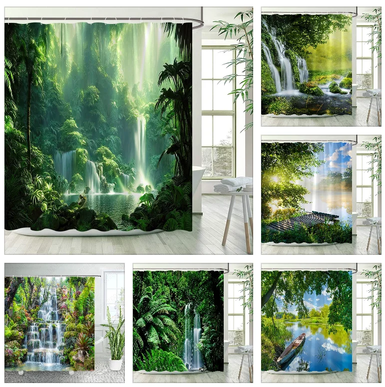 

Green Tropical Jungle Plant Shower Curtains Set Palm Tree Forest Monstera Leaves Nature Scenery Fabric Bathroom Decor with Hooks