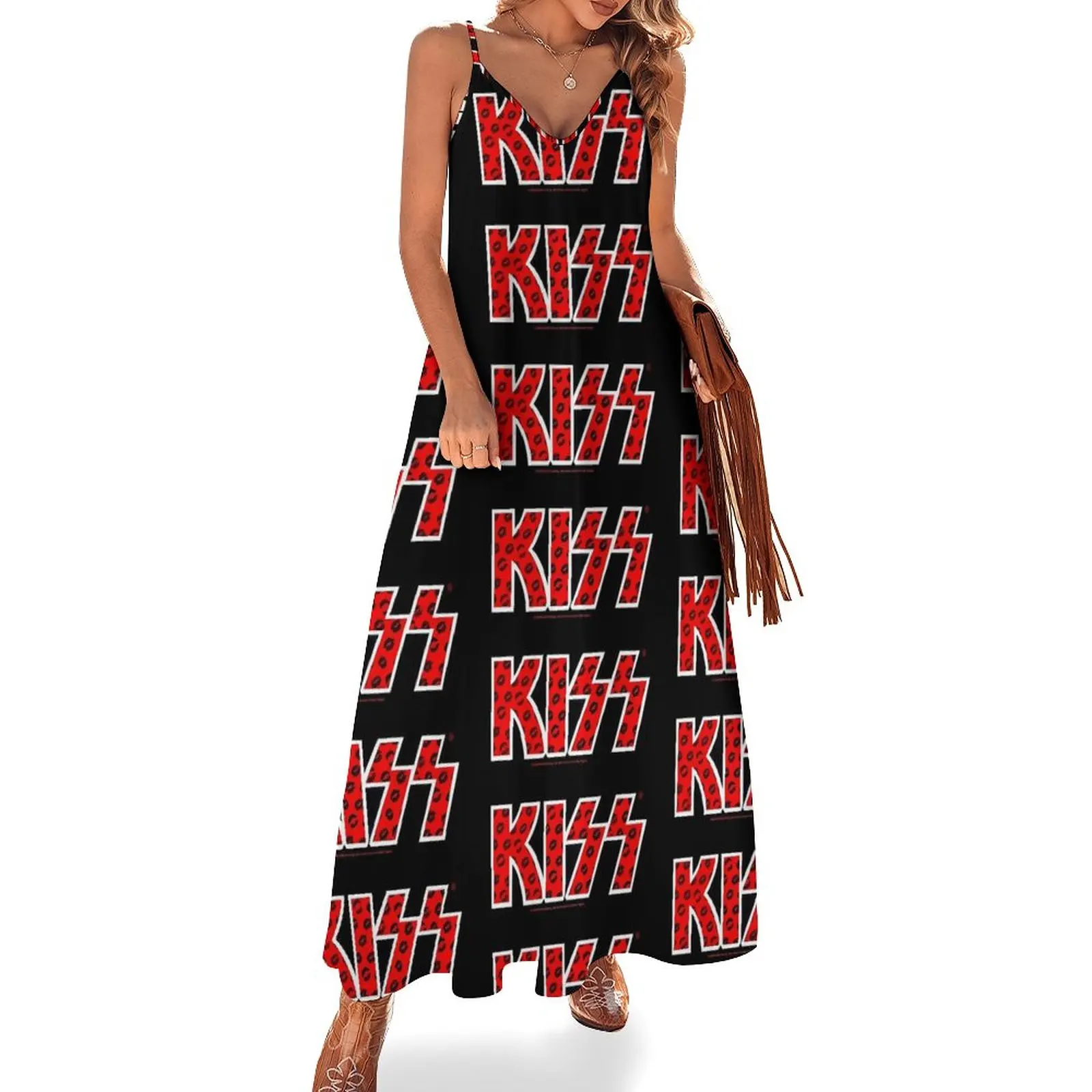 

Kiss Band Dress Black Lips Logo Night Club Maxi Dress Strap Aesthetic Boho Beach Long Dresses Holiday V Neck Big Size Vestido