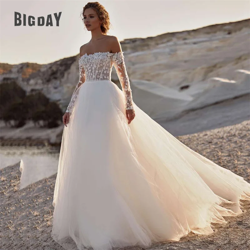 

Elegant A-Line Wedding Dress 2024 Women Lace Open Back Strapless Long Detachable Sleeve Bridal Gown Sweep Train Vestido De Noiva