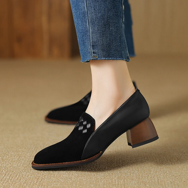 

NEW Spring/Autumn Women Loafers Sheep Suede Leather Shoes for Women Square Toe Chunky Heel Black Shoes Concise Weave Women Pumps