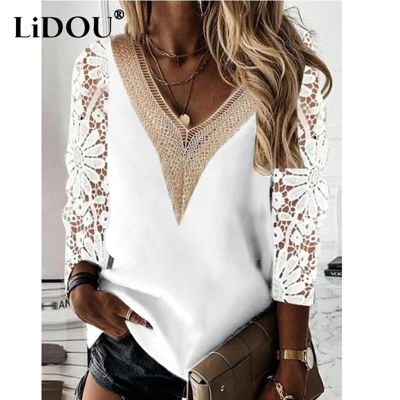 

2023 Spring Autumn New Fashion V-neck Long Sleeve Blouse Women Casual Loose Hollow Out Lace Patchwork All-match Elegant Pullover