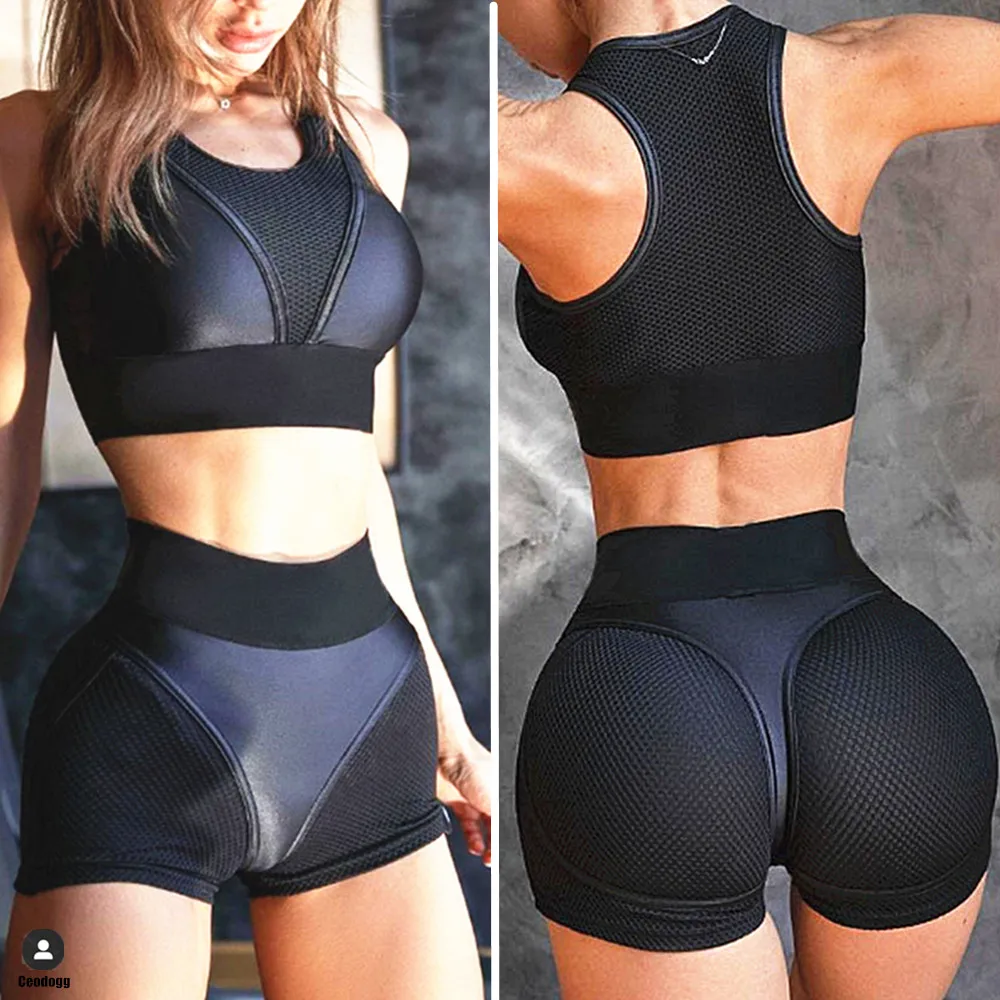 

2023 Pad Fake Leather Women Sportwear Mesh Yoga Set Thong High Waist Shorts Gym Fitness Clothing Tracksuit Active Suits