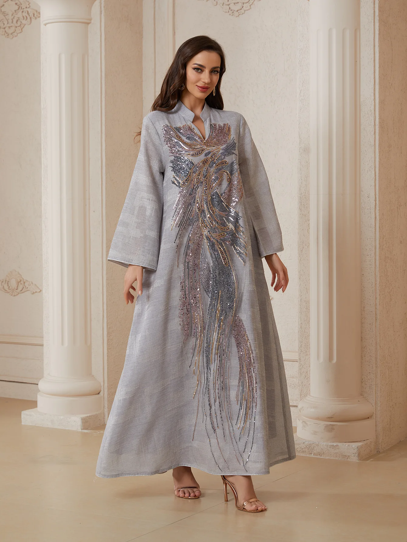 فستان سهرة فاخر للنساء من يوني دبي مطرز بالترتر مع أكمام شبكية وياقة على شكل V مزين بالخرز قفطان مغربي للسيدات 2025 فستان سهرة فاخر للنساء من يوني دبي مطرز بالترتر مع أكمام شبكية وياقة على شكل V مزين بالخرز قفطان مغربي للسيدات 2025