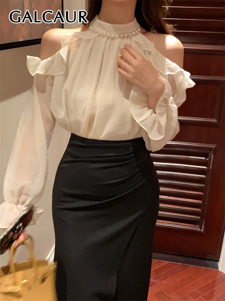 

GALCAUR Solid Spliced Ruffles Shirts For Women Stand Collar Flare Sleeve Off Shoulder Elegant Loose Shirt Female Autumn Clothing