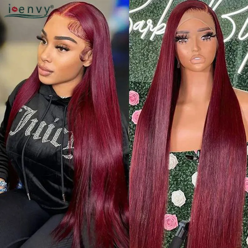 

99J Silky Straight Burgundy 13X4 Transparent Lace Front Human Hair Wigs Pre Plucked Long 34'' 13X6 Red Hd Lace Frontal Wig Women