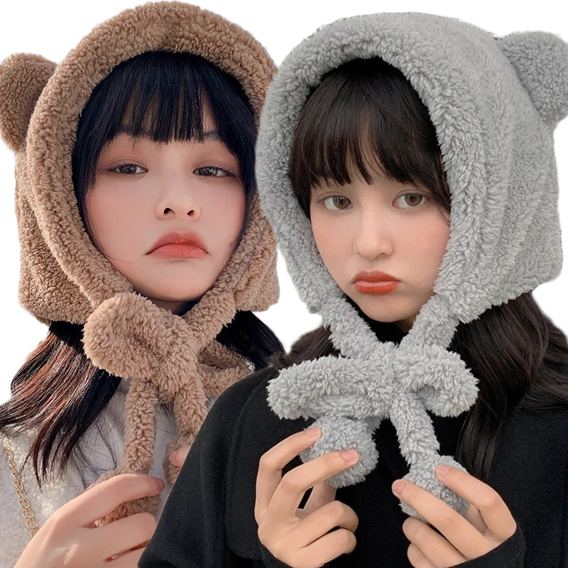 

Cute Bear Ear Wool Hat Beanies Winter Warm Plush Versatile Lace-up Ear Protection Knitted Bomber Cap Bonnets for Women Gorros