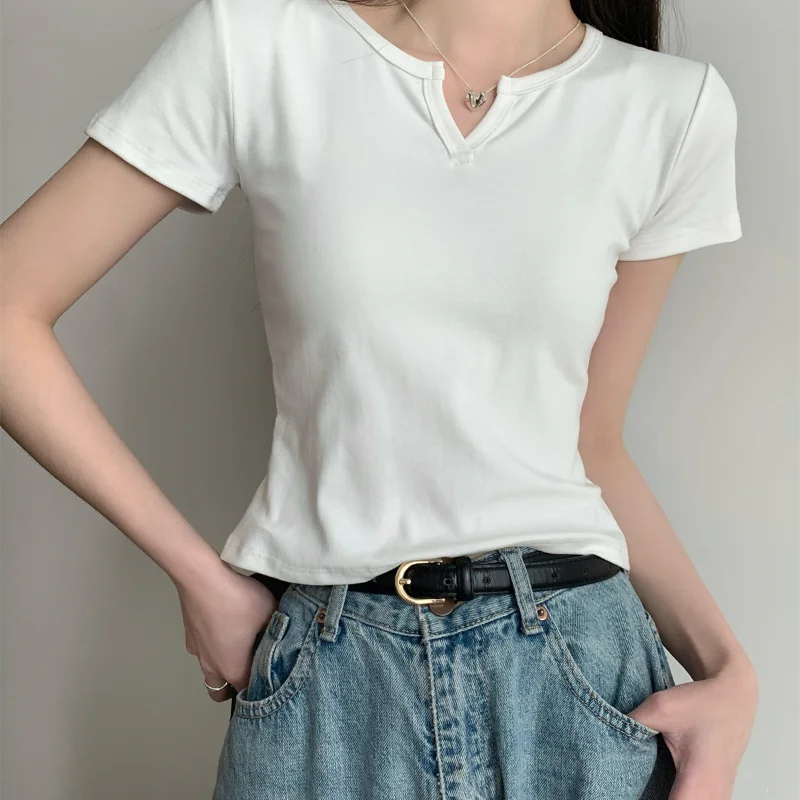

Sandro Rivers Early Spring Shoulder Slimming Pure Cotton Short Sleeved Top Solid Color Half Open Neck Short T-shirt for Women