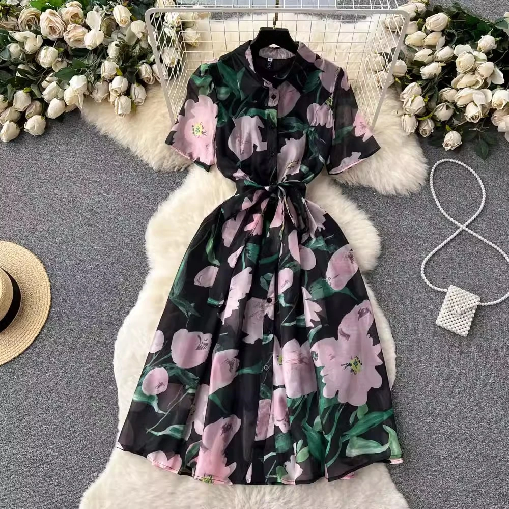 

Clothland Women Sweet Floral Black Chiffon Dress Sashes Short Sleeve A Line Female Vintage Midi Dresses Vestido QD393