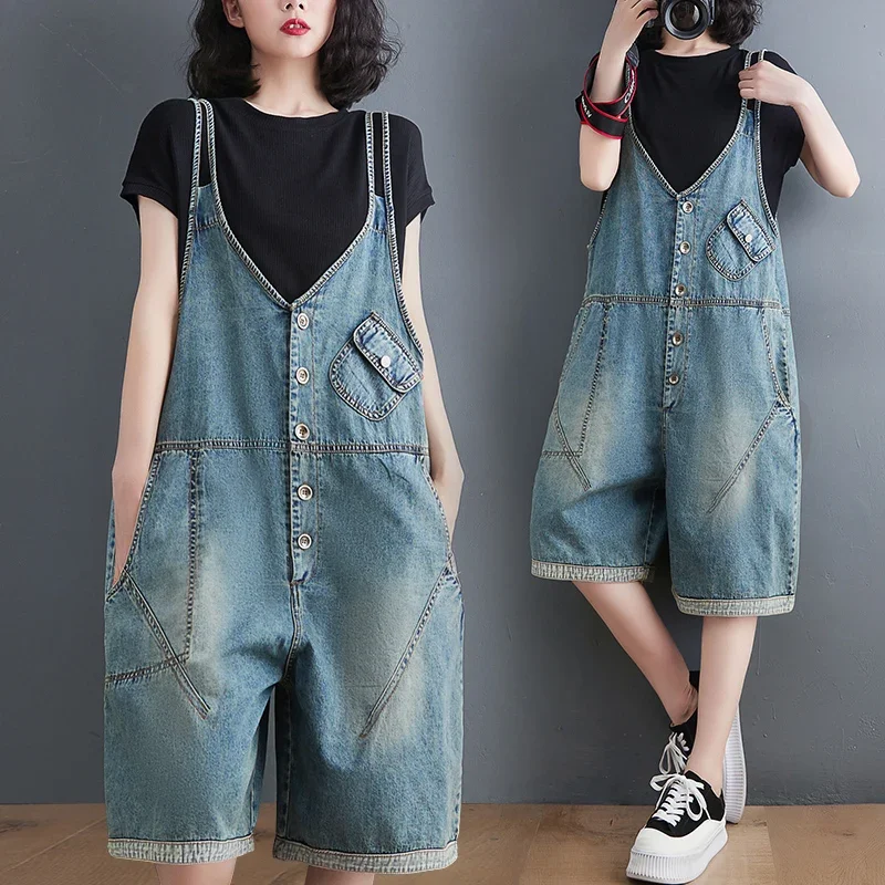 

Loose Big Size Wide Leg Denim Overalls For Women Casual Oversized Short Jumpsuits Baggy Bib Pants Straps Jeans Dungarees ZL514