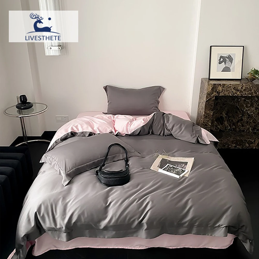 

Liv-Esthete Lady Gift 100% Nature Silk Bedding Set Gray Pink Flat Sheet Pillowcases Elegant Queen King Quilt Cover Bed Linen Set