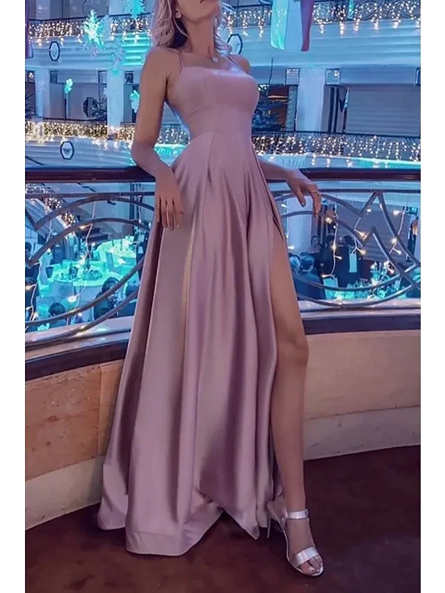 A-Line Satin Prom Dresses Sleeveless Backless Spaghetti Strap Formal Dress with Pleats Slit Sweep/Brush Train
A-Line Satin Prom Dresses Sleeveless Backless Spaghetti Strap Formal Dress with Pleats Slit Sweep/Brush Train