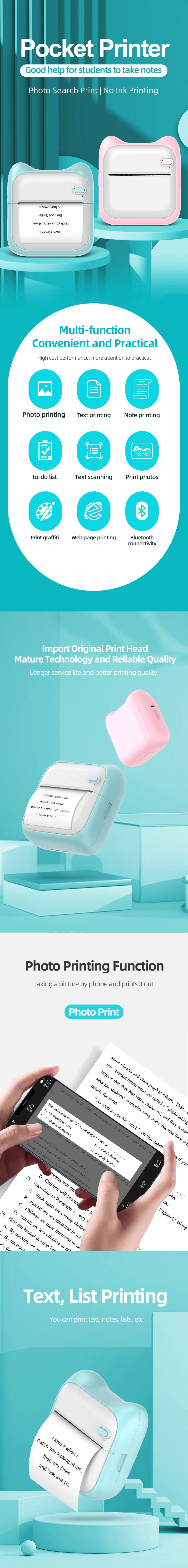 Generic HD Mini Printer Cute Size Inkless Portable Sticker Thermal ...