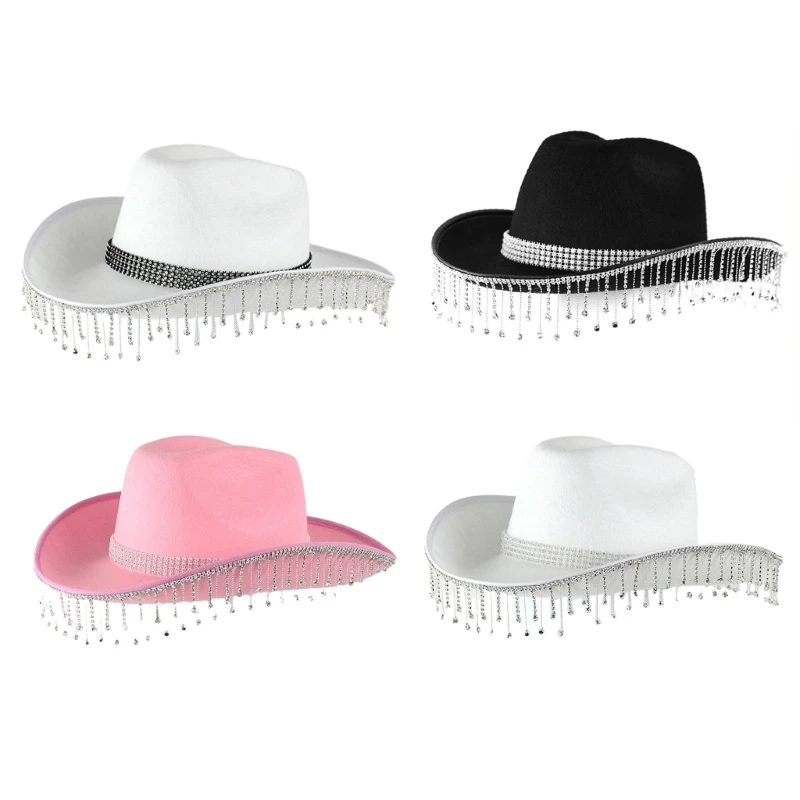 

Ковбойская шляпа со стразами и кисточками, кепка для музыкального фестиваля, женская шляпа для фотосессий с плоским цилиндром