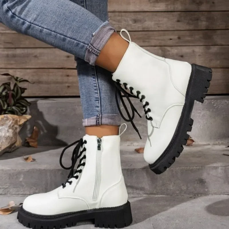 

Casual Shoes for Women Classic Ankle Boots Female Winter Leather Lace up Zipper Hoof Mid Heels Round Toe Modern Boots Zapatos