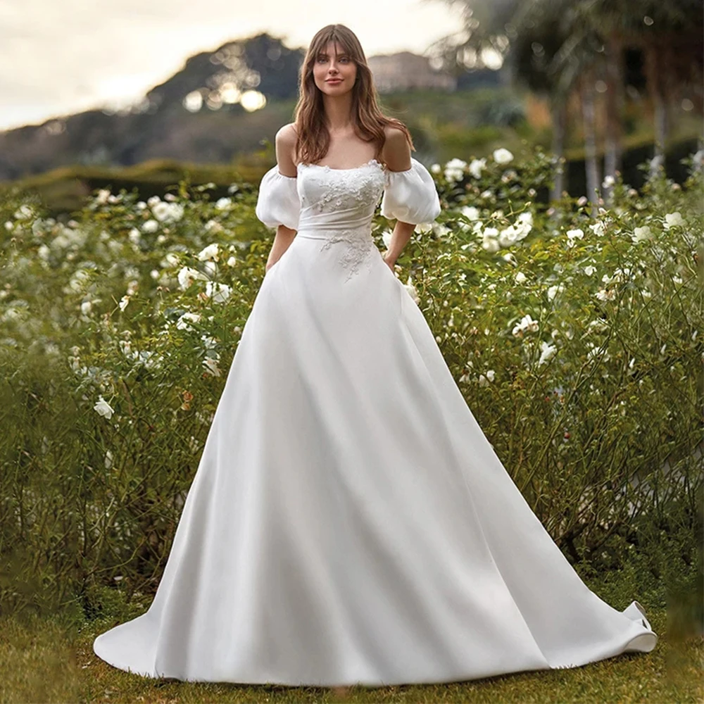 Elegant Sweetheart Women's Bridal Dresses A-Line Satin Pleated Removable Bubble Sleeve Pockets Princess Wedding Gowns Formal
Elegant Sweetheart Women's Bridal Dresses A-Line Satin Pleated Removable Bubble Sleeve Pockets Princess Wedding Gowns Formal