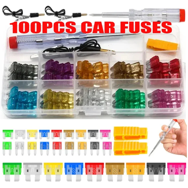 100Pcs Car Fuses5A10A15A20A25A30A35A amplifier with box clip combination car blade fuse set with inspection circuit electric pen
100Pcs Car Fuses5A10A15A20A25A30A35A amplifier with box clip combination car blade fuse set with inspection circuit electric pen