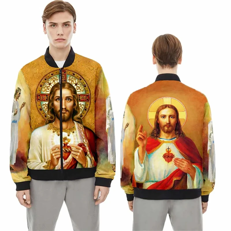 

Куртка-бомбер мужская на молнии, модный пиджак на молнии с 3D принтом Иисуса, пальто с длинным рукавом, верхняя одежда