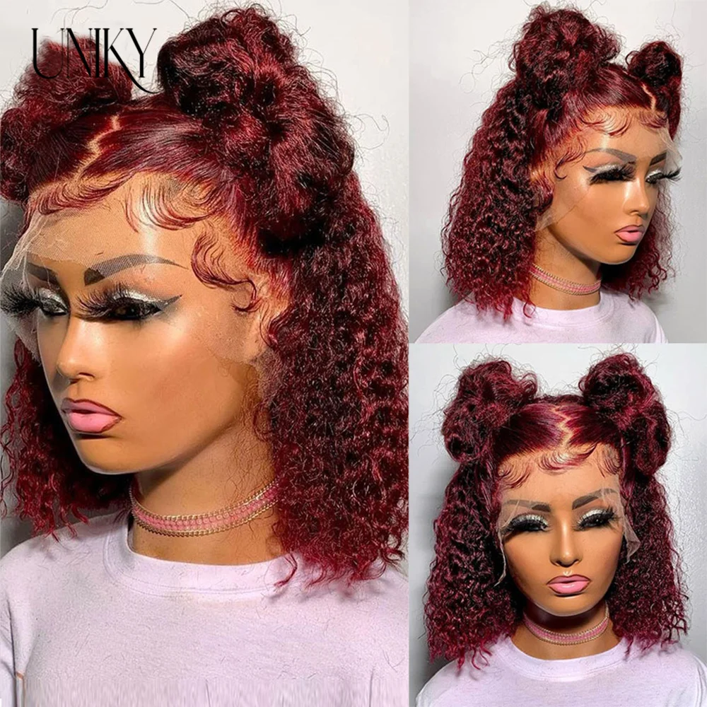 

13x4 Deep Curly Lace Frontal Wig Bob Transparent 99J Burgundy Curly Lace Front Wigs Red Colored HD Deep Wave Human Hair Wigs 180