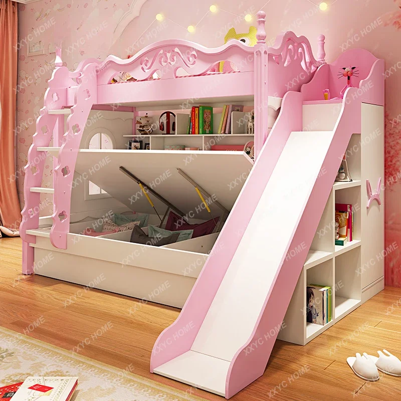 

Bunk Bed Girl Princess Castle High Low Pink Versatile Stair Storage Space Cartoon Bedroom Furniture Wooden Bed