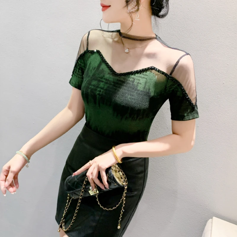 

Ladies Fashion Sexy See Through Mesh Spliced T Shirts for Women Clothing Girls Vintage Aesthetic Tops Female Clothes BPAC6068-1