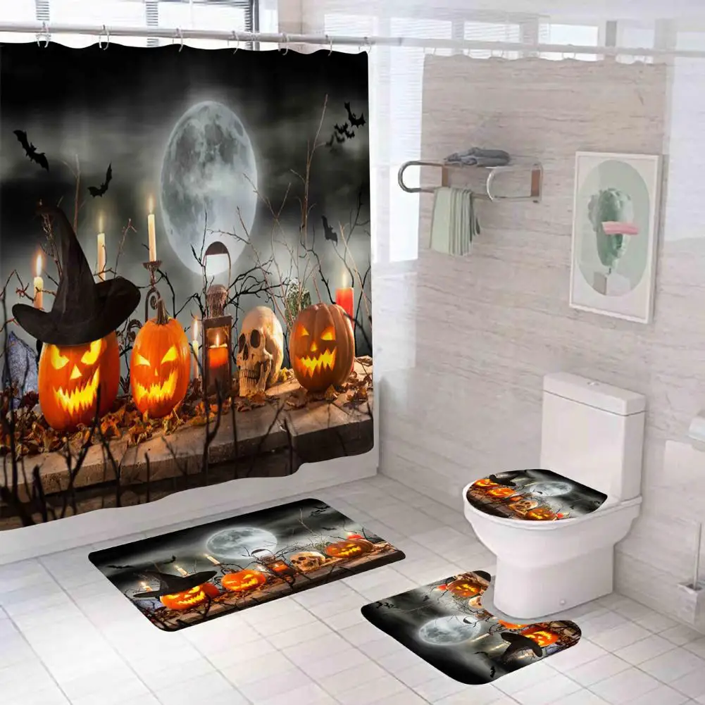

Shower Curtain Set Wall Decor Spooky Bathroom Decor Set Halloween Castle Pumpkin Shower Curtain with Non-slip Rugs Toilet Lid
