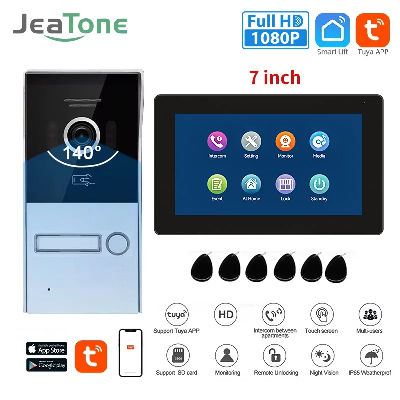 

Jeatone 2 Wire Video intercom Wifi Doorphone 1080P 140° 7 inch Color Touch Screen doorbell camera for Home Security System