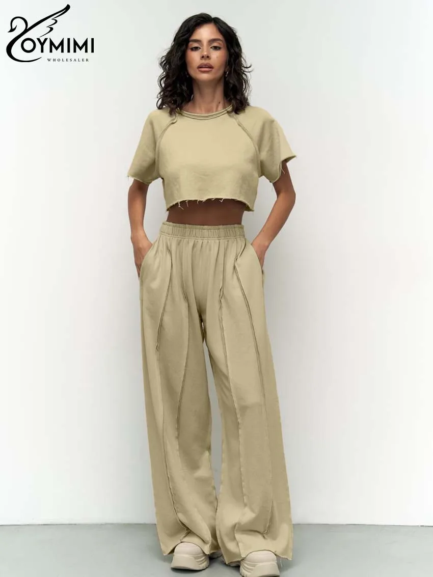 

Oymimi Casual Khaki 2 Piece Sets Women Outfit Elegant O-Neck Short Sleeve Crop Tops And High Waisted Simple Trousers Female Sets