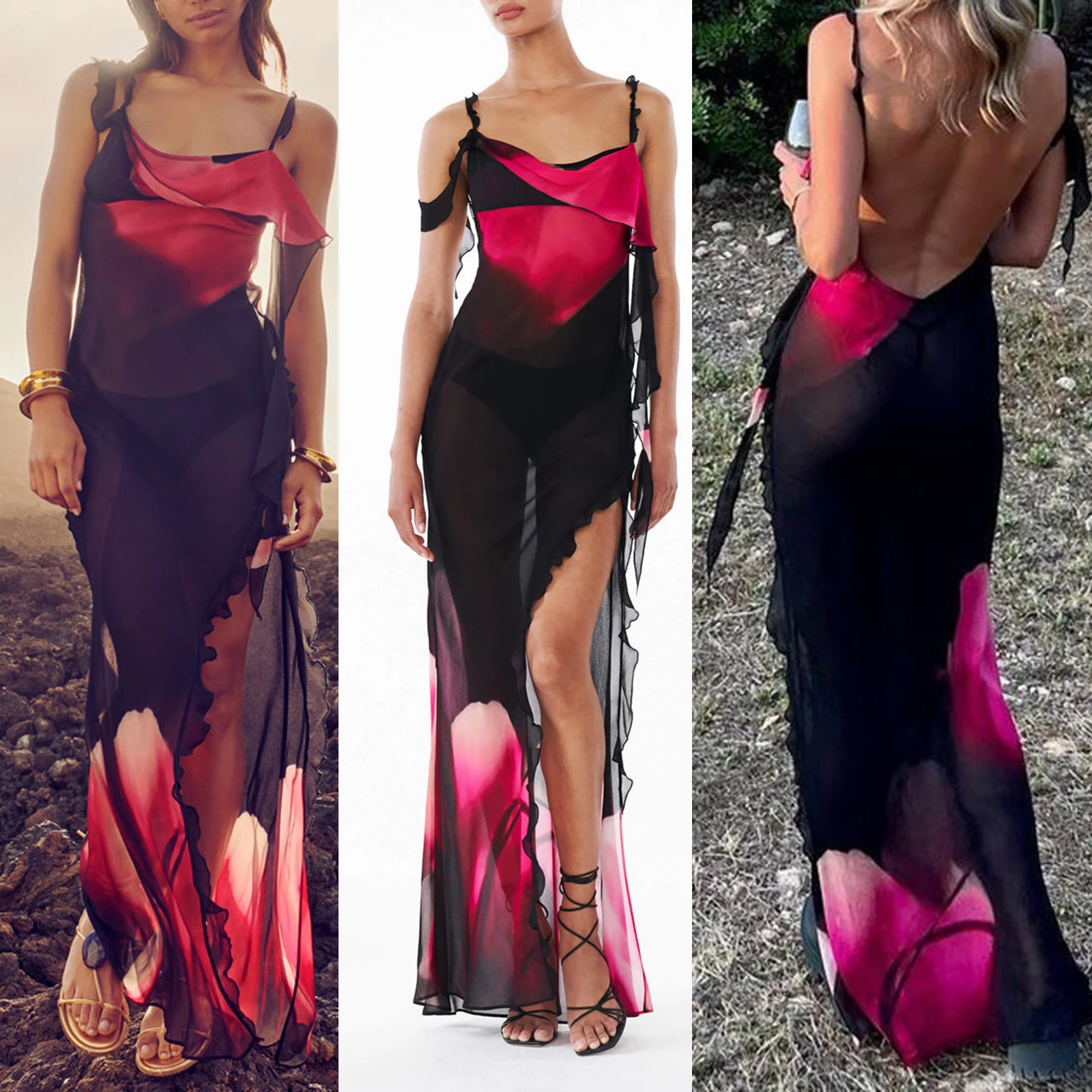 

HEZIOWYUN Women Sexy Long Bodycon Dress Print See-Through Ruffles High Slit Sleeveless Sundress Summer Backless Party Cami Dress